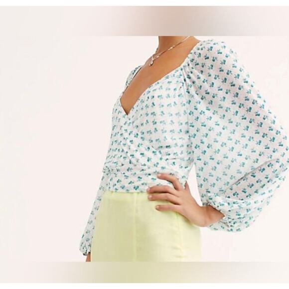 Free People Size Small Sweetie Pie Blouse Teal & Blue Floral Print Top - Picture 1 of 11
